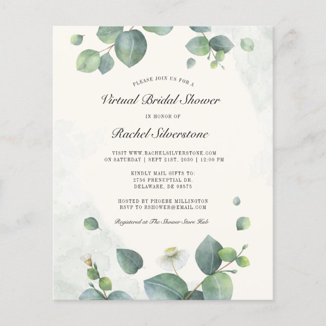 Budget Eucalyptus Greenery Virtual Bridal Shower Flyer (Front)