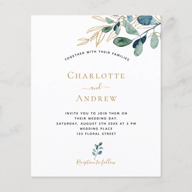 Budget eucalyptus greenery wedding invitation (Front)