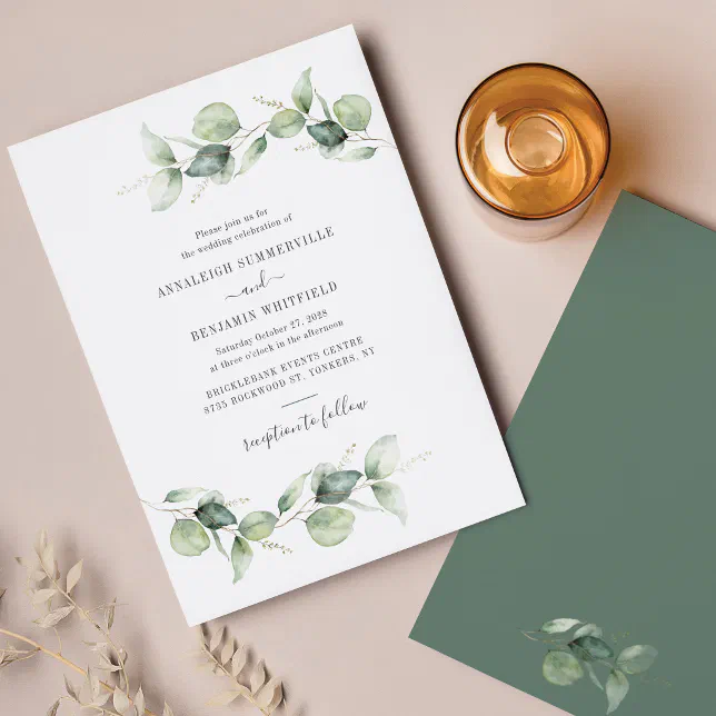 Budget Eucalyptus Greenery Wedding Invitation | Zazzle