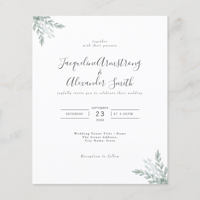 Budget Eucalyptus Greenery Wedding Invitation Flyer (Front)