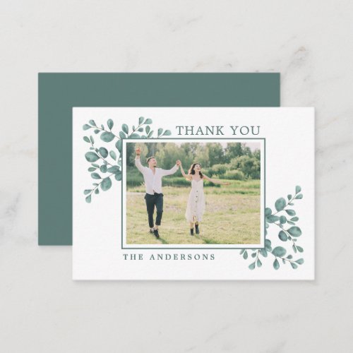 Budget Eucalyptus Greenery Wedding Photo Thank You Note Card - Send out Thank You notes to your friends and family from your wedding with these eucalyptus, modern photo thank you cards.  Customize these wedding thank you cards with your favorite wedding photo, and personal message and names.  These unique greenery wedding thank you cards will make a lasting impression, your guests, family and friends!! COPYRIGHT © 2020 Judy Burrows, Black Dog Art - All Rights Reserved. Budget Eucalyptus Greenery Wedding Photo Thank You Note Card