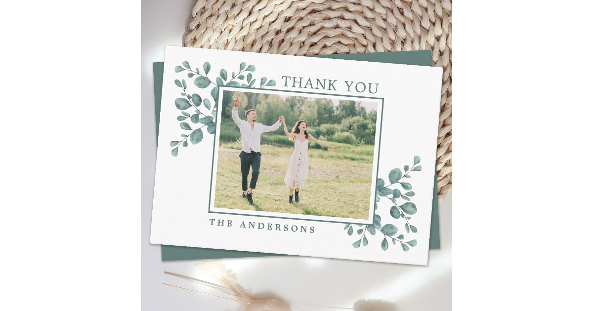 Budget Eucalyptus Greenery Wedding Photo Thank You Note Card | Zazzle