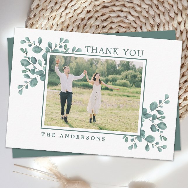 Budget Eucalyptus Greenery Wedding Photo Thank You Note Card (Creator Uploaded)
