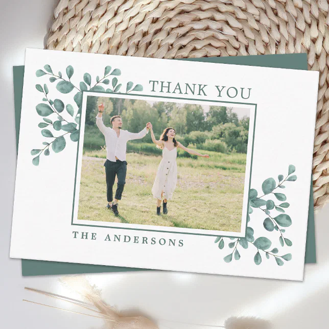 Budget Eucalyptus Greenery Wedding Photo Thank You Note Card | Zazzle