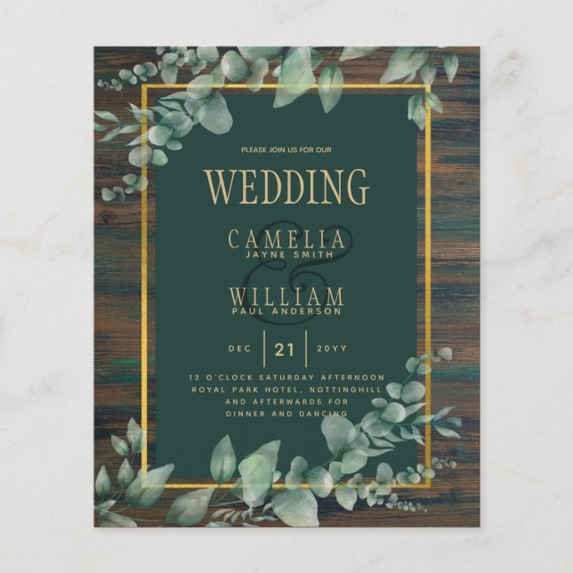 BUDGET Eucalyptus Greenery WEDDING Rustic Wood QR  Flyer (Front)