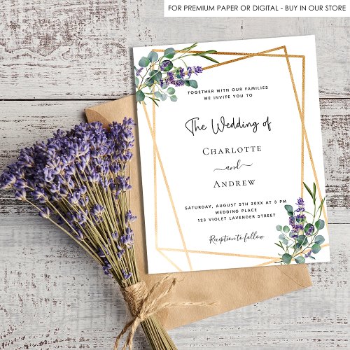 Budget eucalyptus lavender geo wedding invitation