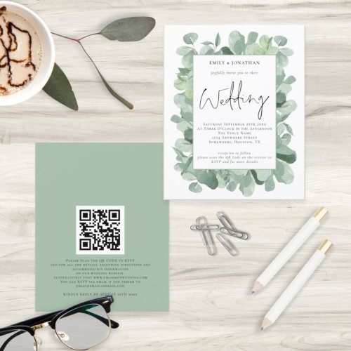 Budget Eucalyptus Leaf QR Code Wedding Invitation