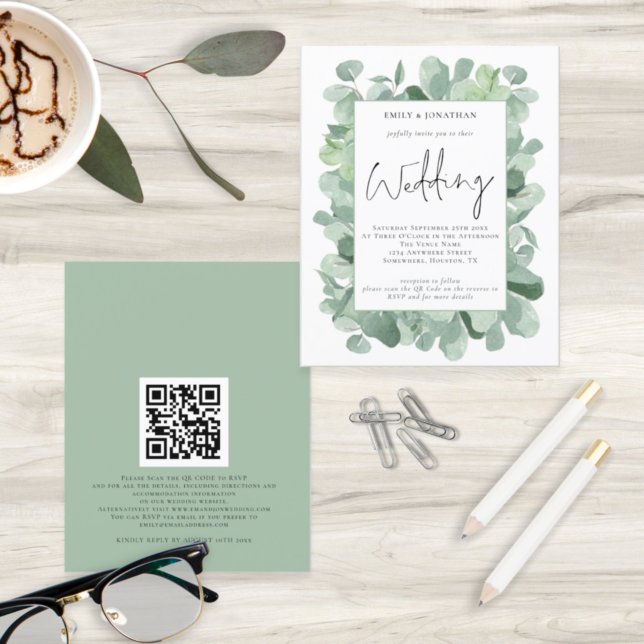 Budget Eucalyptus Leaf QR Code Wedding Invitation (Creator Uploaded)