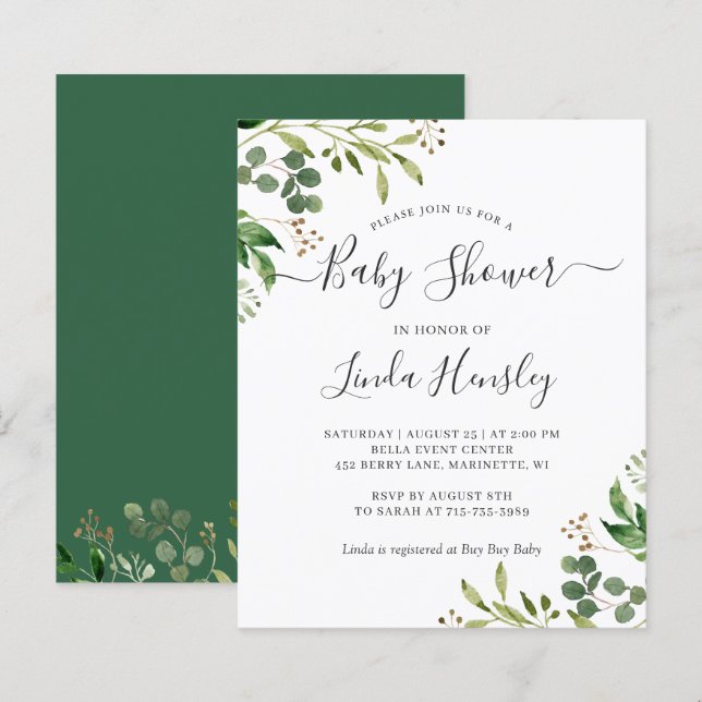 Budget Eucalyptus Leaves Baby Shower Invitations (Front/Back)