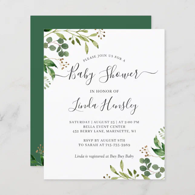 Budget Eucalyptus Leaves Baby Shower Invitations | Zazzle