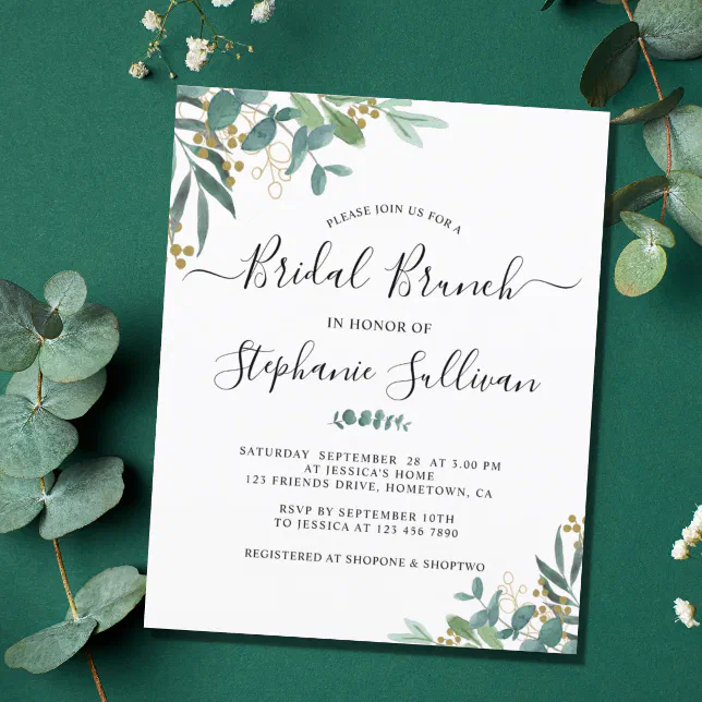 Budget Eucalyptus Leaves Bridal Brunch Invitation | Zazzle