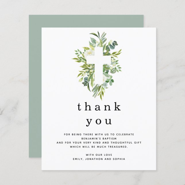 Budget Eucalyptus Leaves Cross Baptism Thank you (Front/Back)