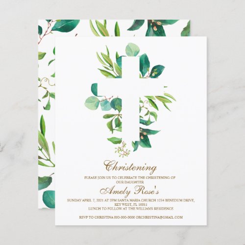 Budget Eucalyptus Leaves Cross Christening Invite