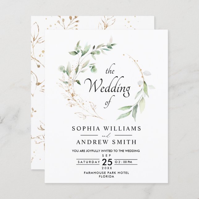 Budget Eucalyptus Leaves & Gold Rustic Wedding  (Front/Back)