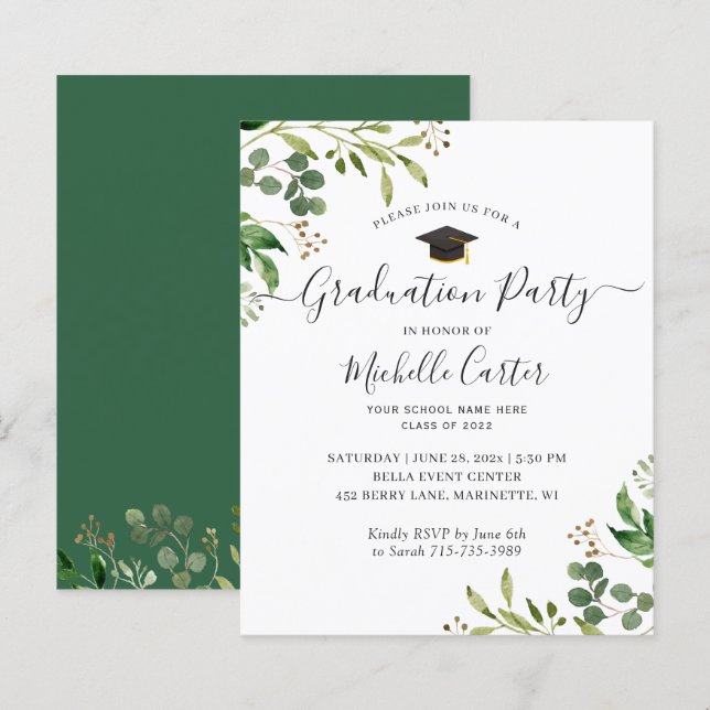 Budget Eucalyptus Leaves Graduation Party Invite (Front/Back)