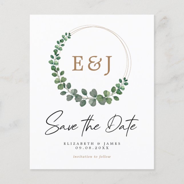 BUDGET Eucalyptus Minimalist Wedding Save The Date Flyer (Front)