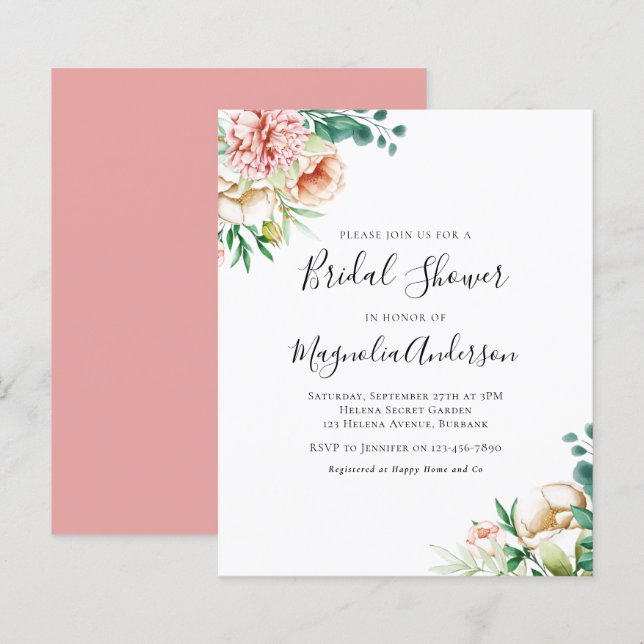 Budget Eucalyptus Peony Bridal Shower Invitation (Front/Back)