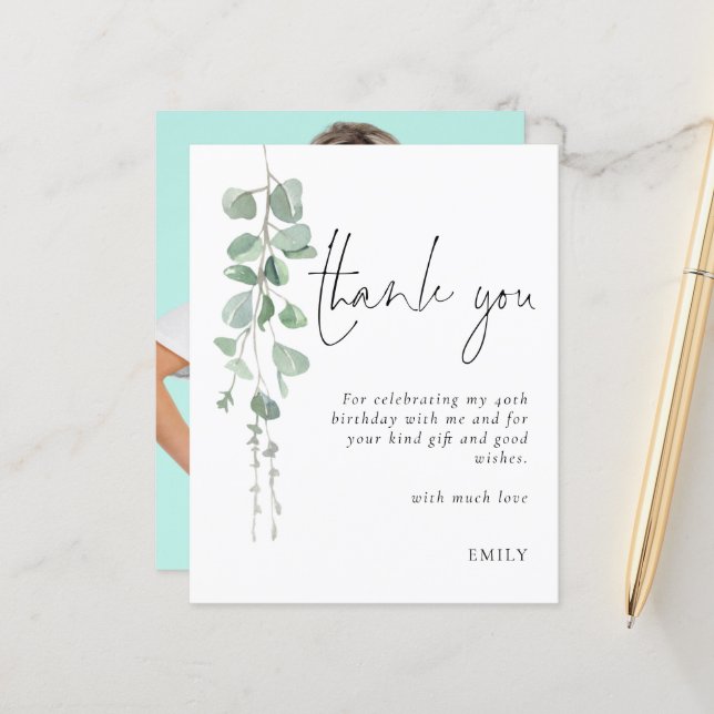 Budget Eucalyptus Photo 40th birthday Thank You (Front/Back In Situ)