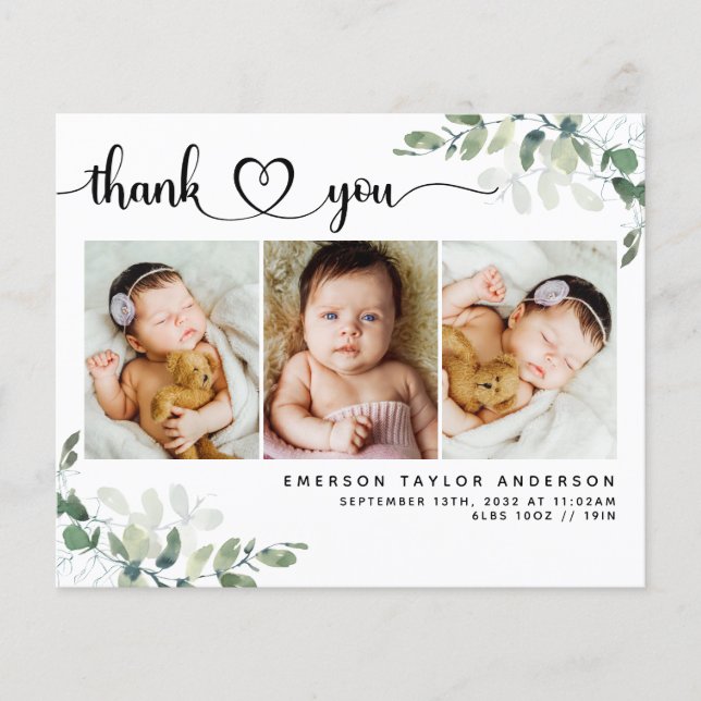Budget Eucalyptus Photo Baby Thank You Card (Front)