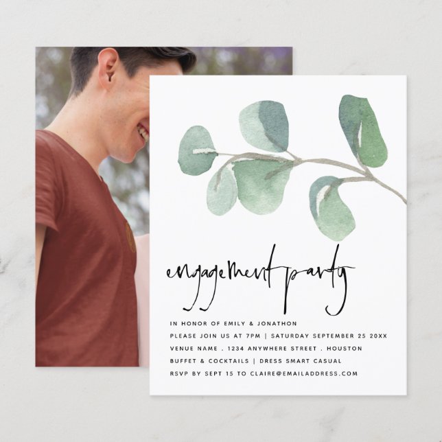 Budget Eucalyptus Photo Engagement Party Invite (Front/Back)