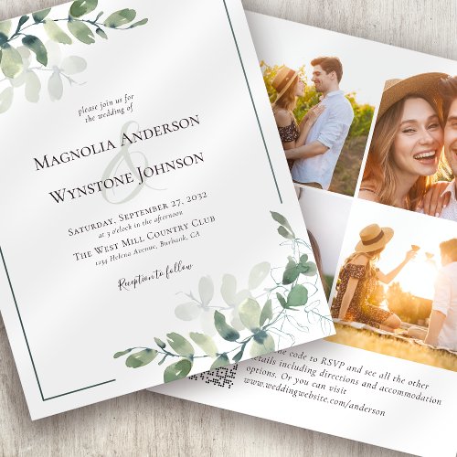 Budget Eucalyptus Photo QR Code Wedding Invitation