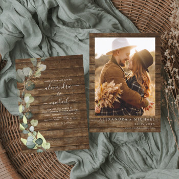 Budget Eucalyptus Photo Rustic Wood Wedding by Hot_Foil_Creations at Zazzle