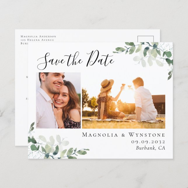 Budget Eucalyptus Photo Save the Date Postcard (Front/Back)