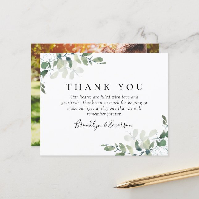 BUDGET Eucalyptus Photo Wedding Thank You Card (Front/Back In Situ)