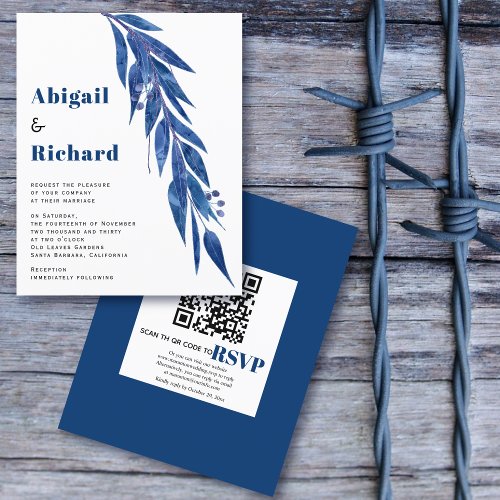 BUDGET eucalyptus QR code blue wedding invitation