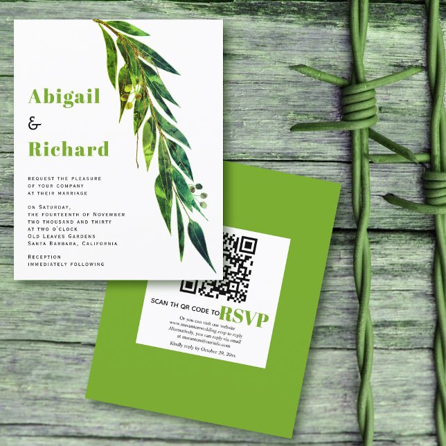 BUDGET eucalyptus QR code green wedding invitation (Creator Uploaded)