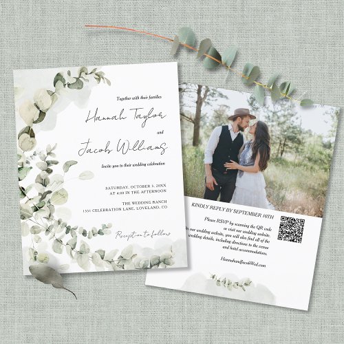 Budget Eucalyptus QR Code Photo Wedding Invitation