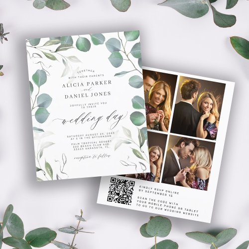 Budget eucalyptus QR CODE photo wedding Invitation