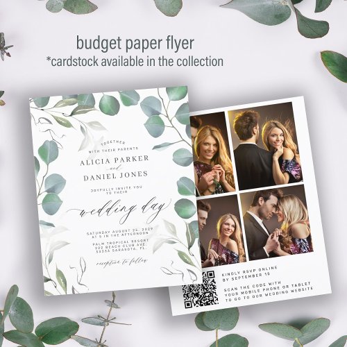 Budget eucalyptus QR CODE photo wedding Invitation Flyer
