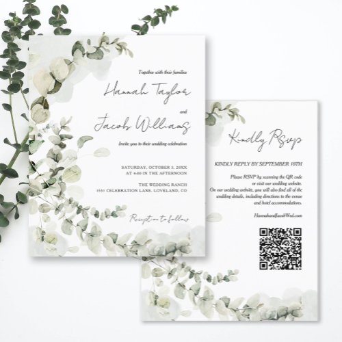 Budget Eucalyptus QR Code Wedding Invitation