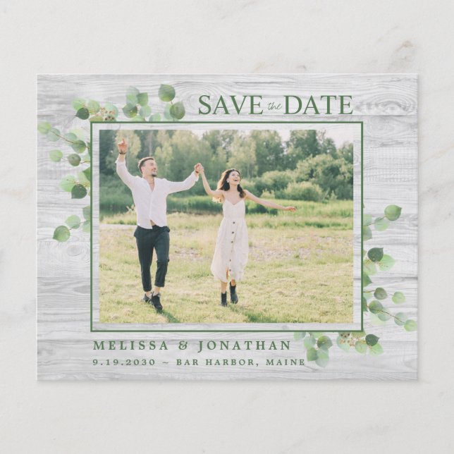 Budget Eucalyptus Rustic Photo Save The Date (Front)