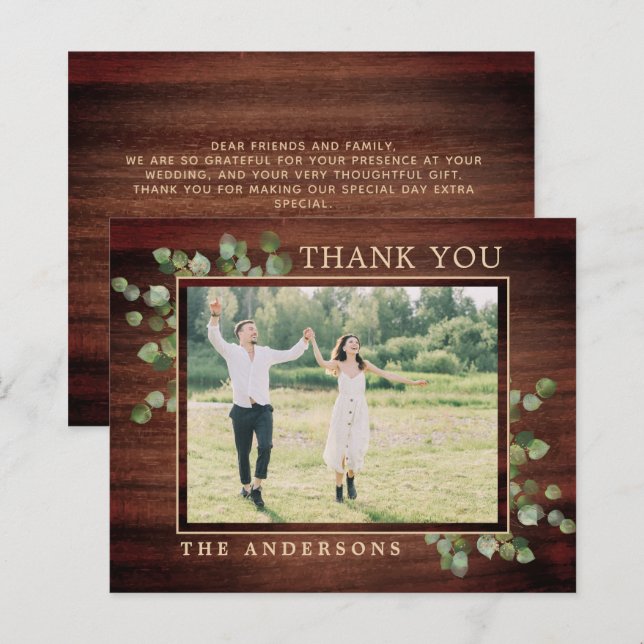 Budget Eucalyptus Rustic Photo Wedding Thank You (Front/Back)