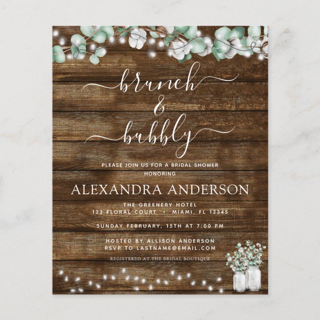 Budget Eucalyptus Rustic Wood Brunch & Bubbly (Front)