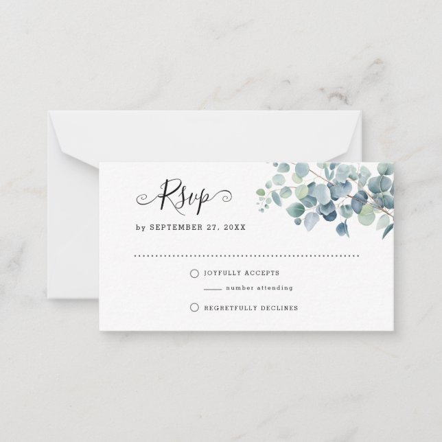 BUDGET Eucalyptus Sage Green RSVP Spring Wedding Note Card (Front)