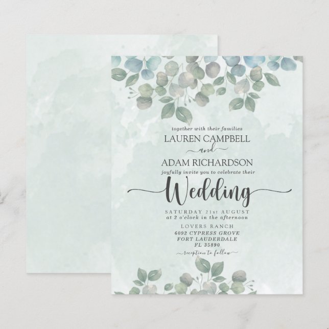 Budget Eucalyptus sage green Wedding Invitation (Front/Back)