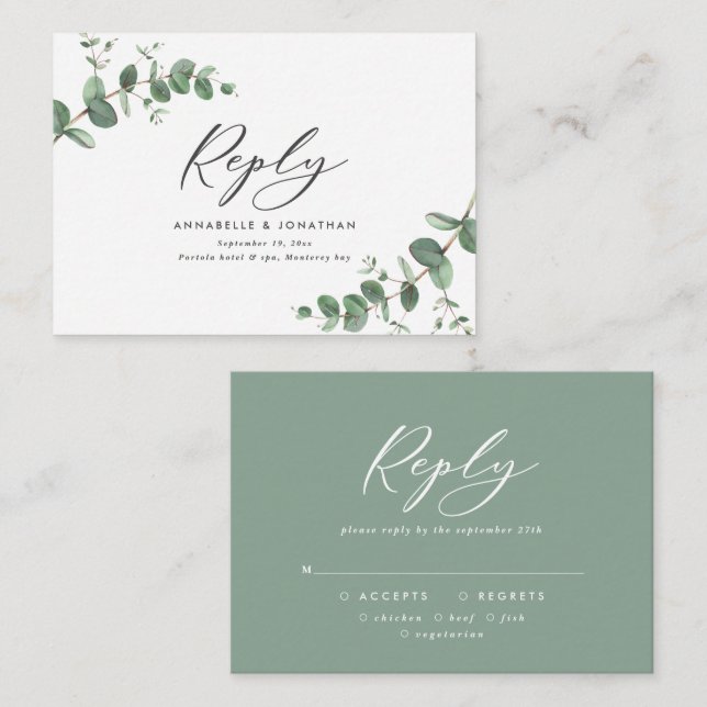 budget Eucalyptus sage green Wedding RSVP reply Note Card (Front/Back)