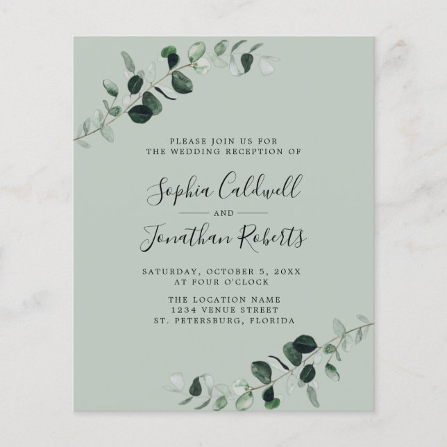 Budget Eucalyptus Sage Wedding Reception Invite (Front)