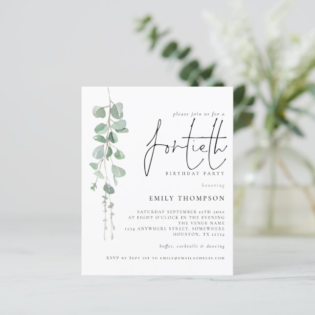 Budget Eucalyptus Script 40th Birthday Invitation (Standing Front)
