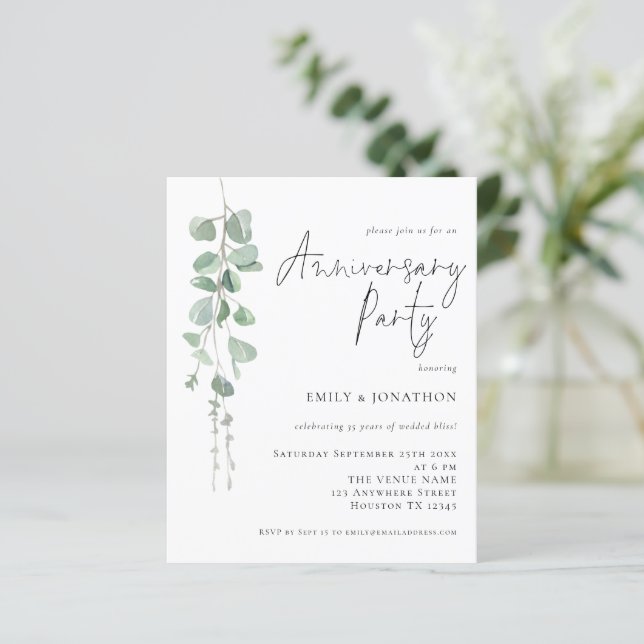 Budget Eucalyptus Script Anniversary Party Invite (Standing Front)