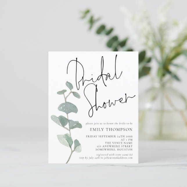 Budget Eucalyptus Script Bridal Shower Invitation (Standing Front)