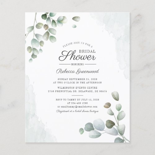 Budget Eucalyptus Script Bridal Shower Invitation