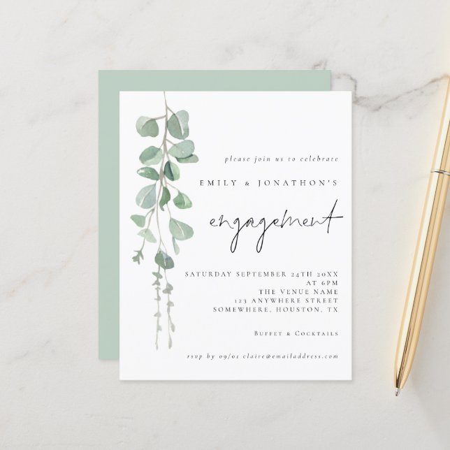 Budget Eucalyptus Script Engagement Party Invite (Front/Back In Situ)