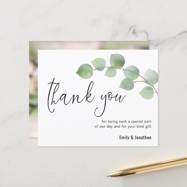 Budget Eucalyptus Script Photo Wedding Thank You (Front/Back In Situ)