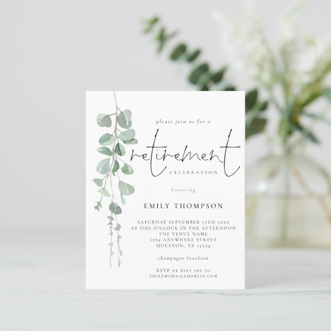 Budget Eucalyptus Script Retirement Invitation (Standing Front)