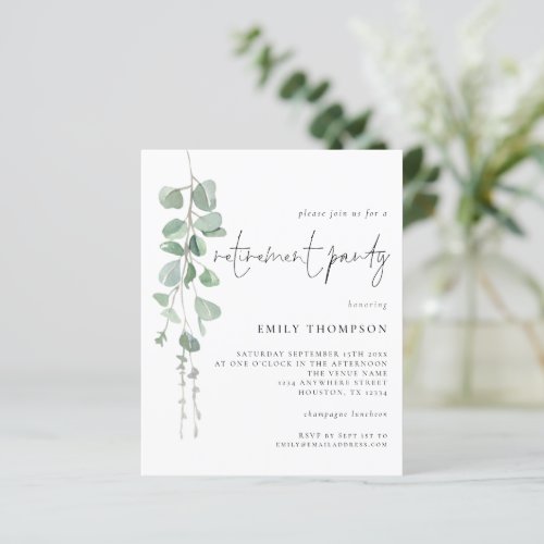 Budget Eucalyptus Script Retirement Party Invite