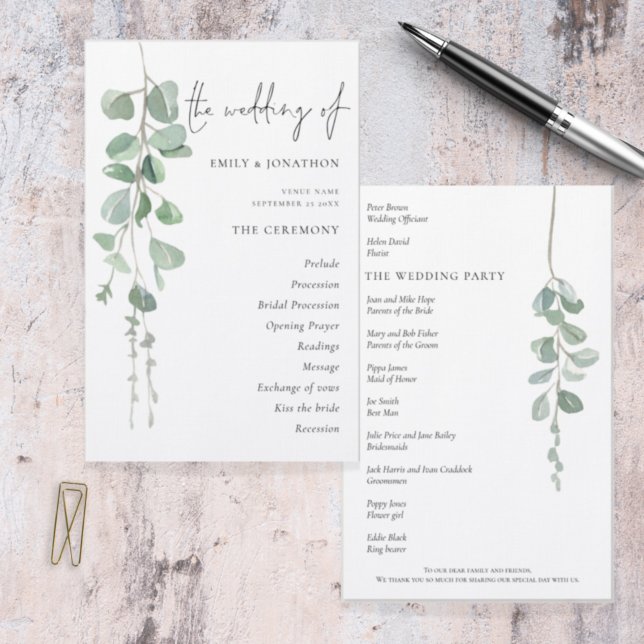 Budget Eucalyptus Script Wedding Program (Front and back view)